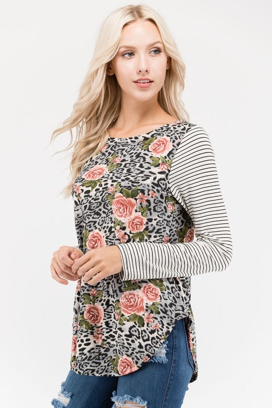 Leopard Floral Top w/Black and White Striped Sleeves