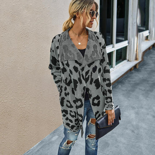 Grey Knit Leopard Print Cardigan With Pockets