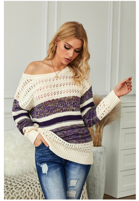 Purple Loose Openwork Round Neck Sweater