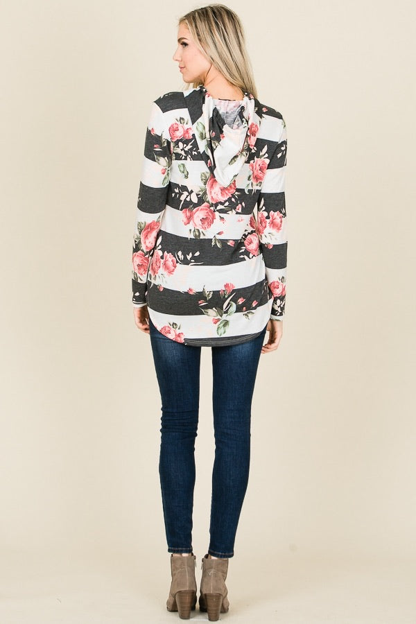 Floral Stripe French Terry Hoodie Top