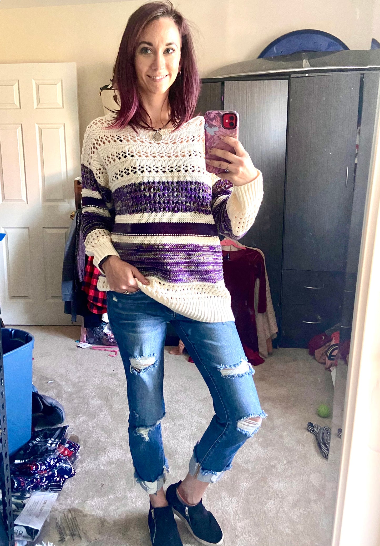 Purple Loose Openwork Round Neck Sweater