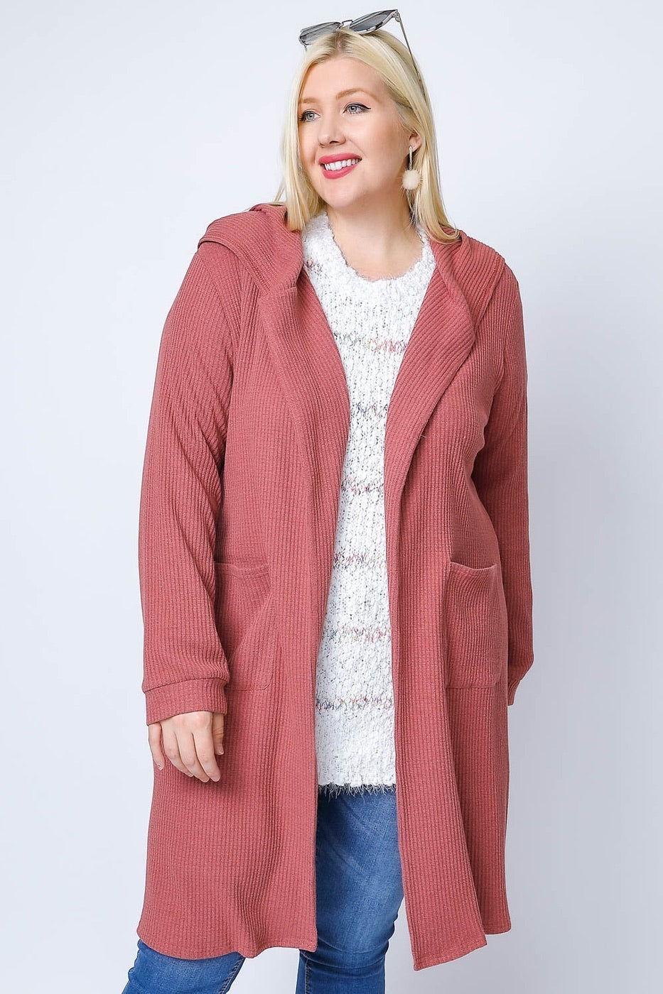 Knit Waffle Lace Back Blush Hooded Cardigan