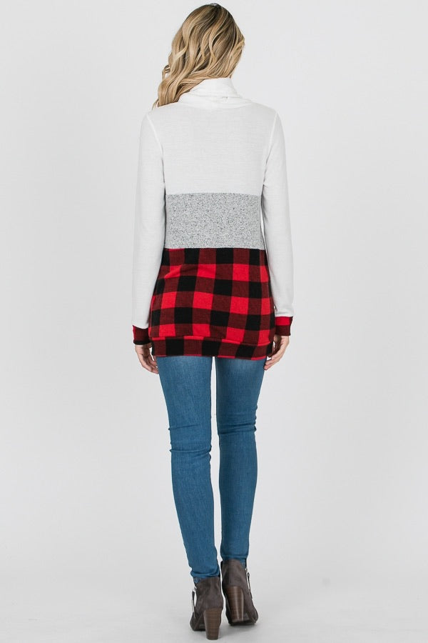 Red Buffalo Plaid Reindeer Sequin Cowl Neck Sweater