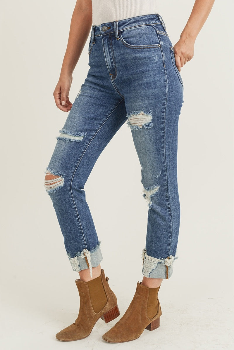 Risen Distressed Turn Back Cuff Straight Leg Jeans