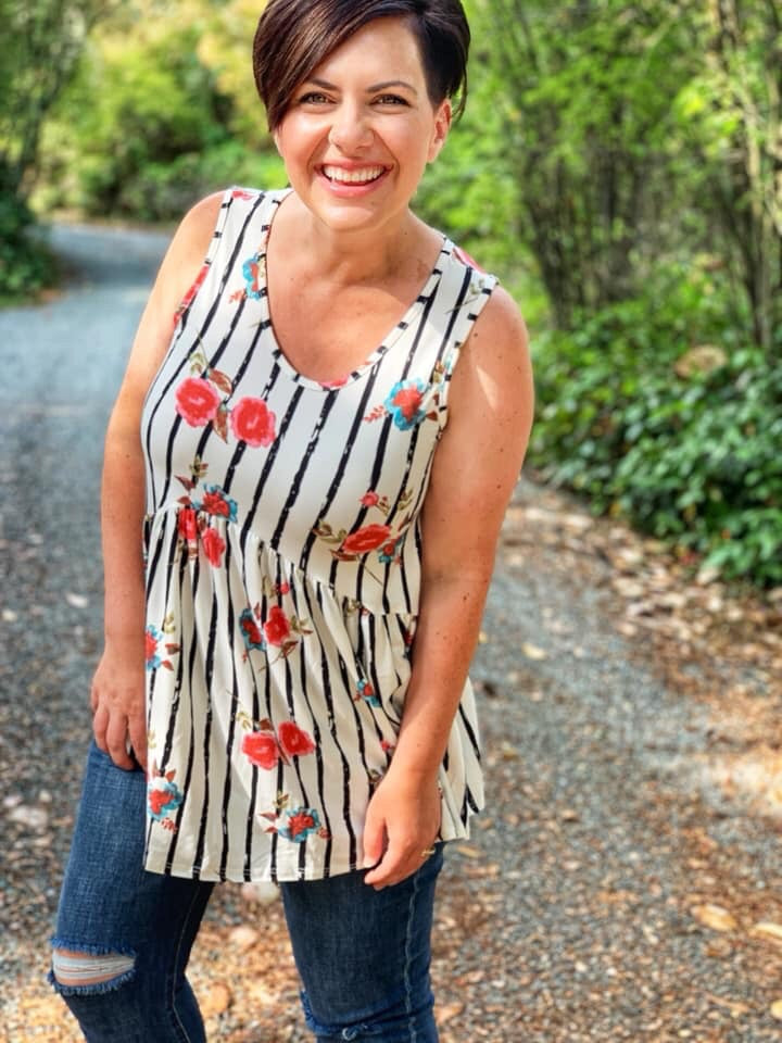 Muse Tank White/Black Stripe Floral