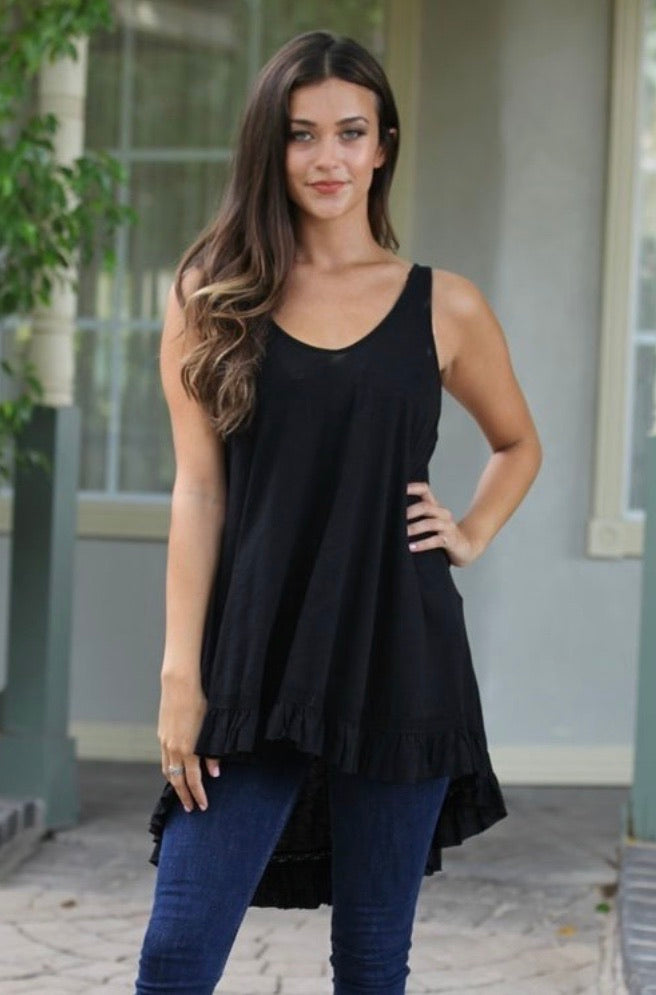 V Neck Lace Hem Tank Black