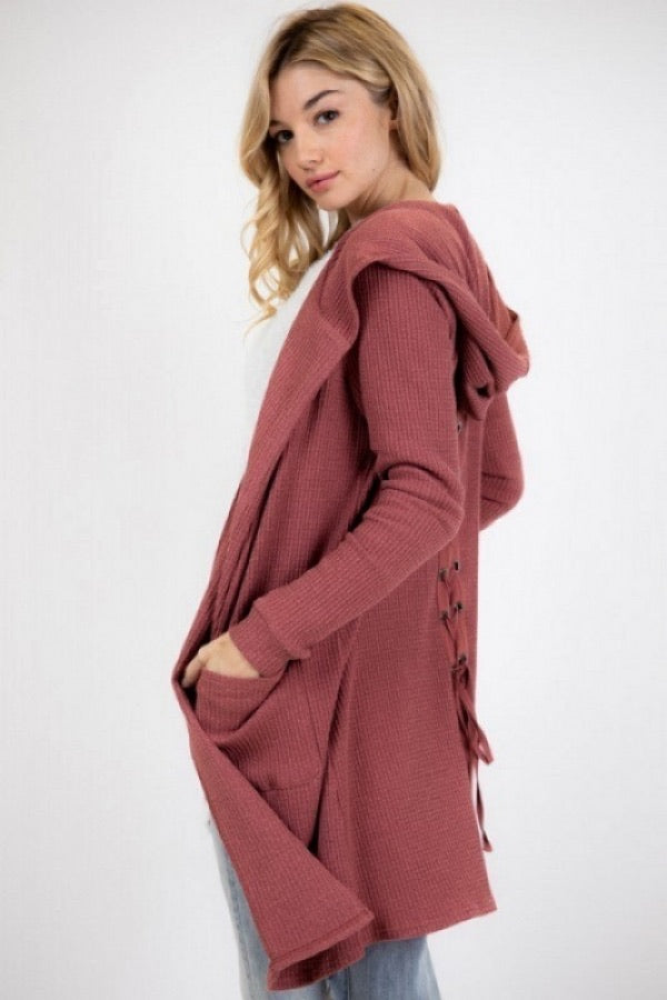 Knit Waffle Lace Back Blush Hooded Cardigan