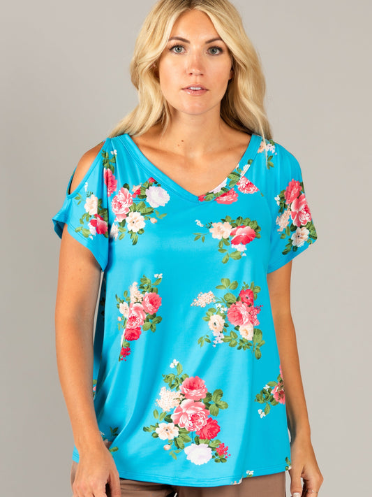 Love Top Cold Shoulder Aqua/Pink Floral