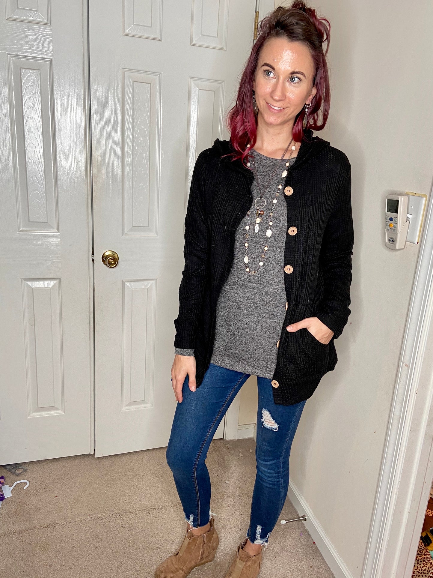 Hooded Waffle Cardi Black