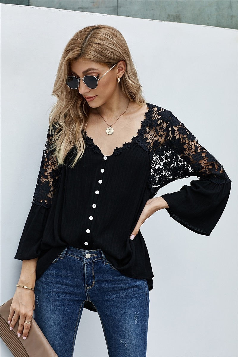 Crochet Lace Botton Top Black