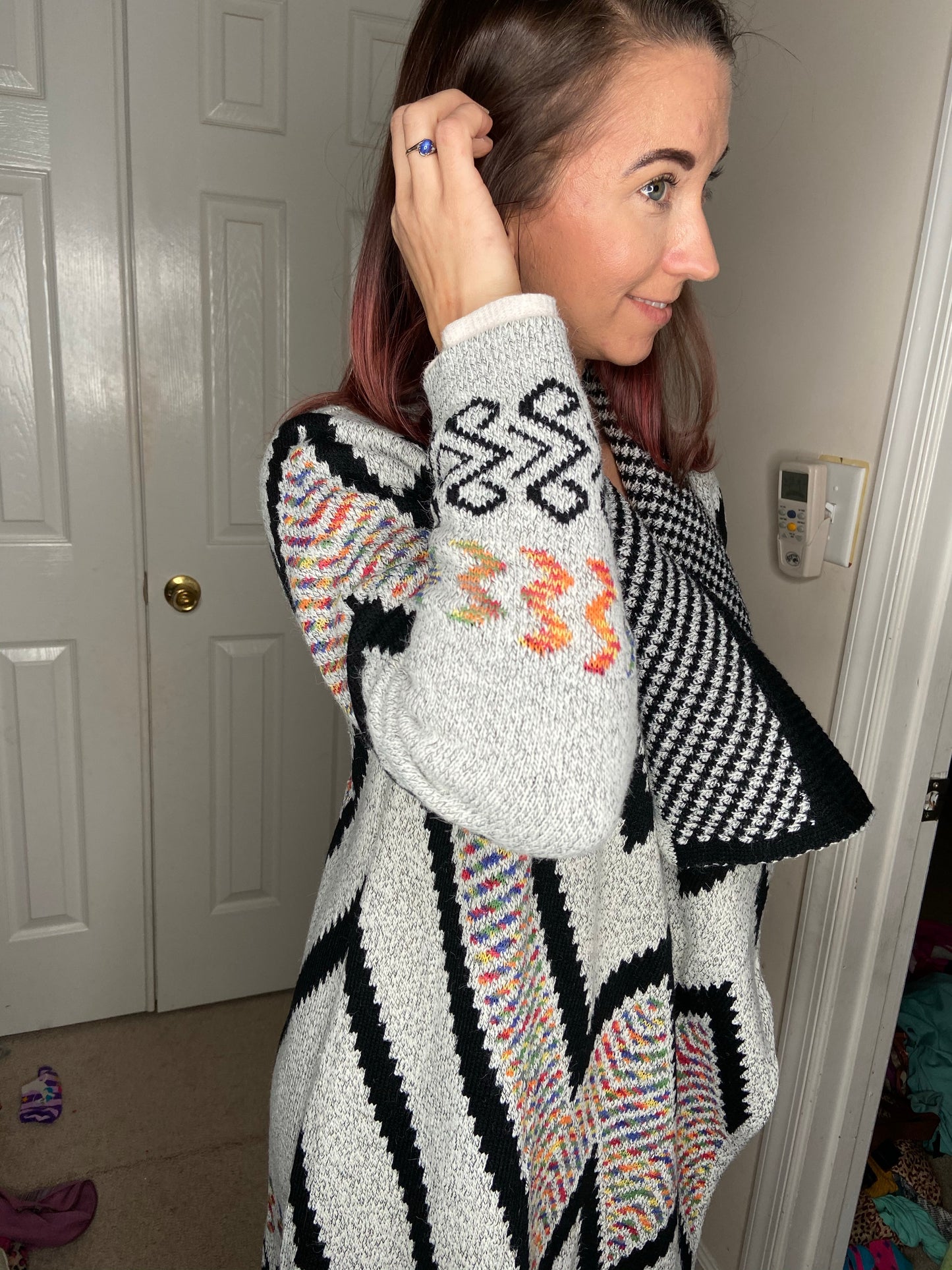 Grey Aztec Patterned Open Blanket Cardigan Sweater