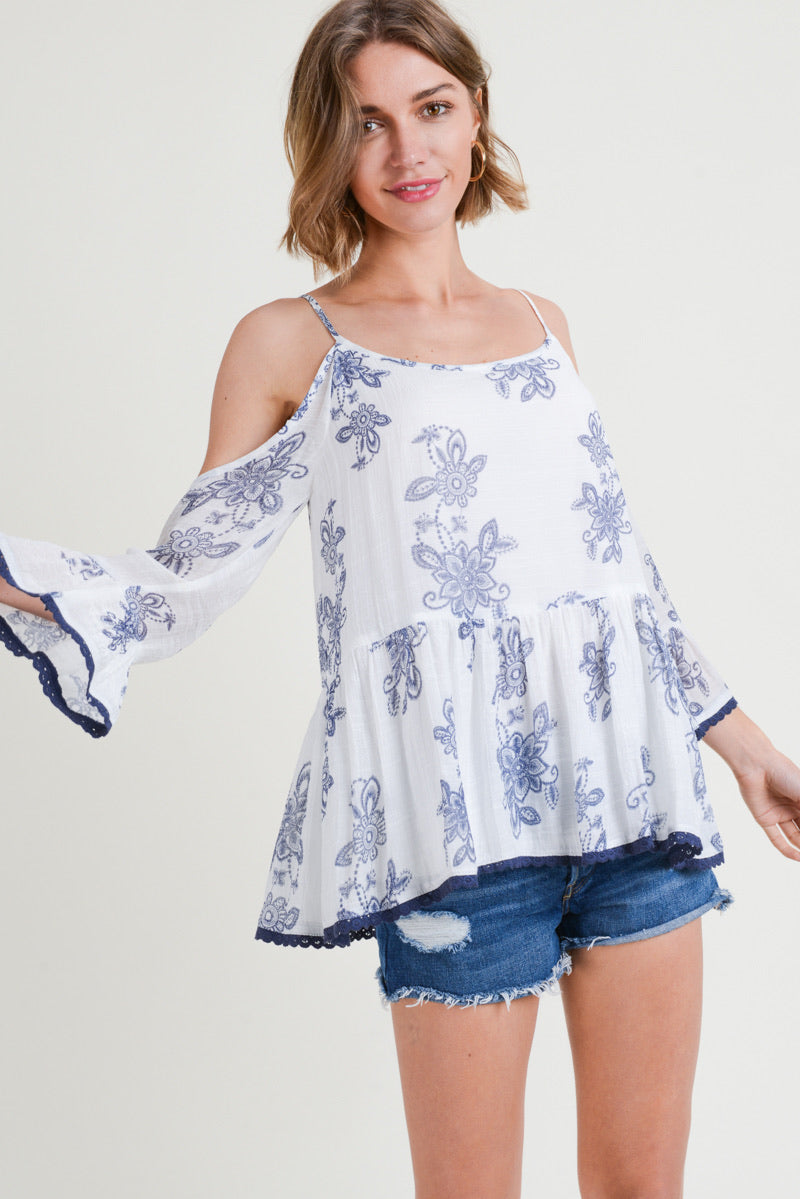 Cold Shoulder Ruffle Top Lace Edge