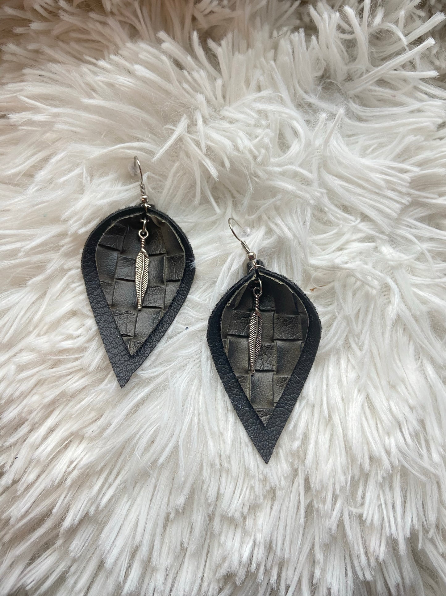 Woven Black Feather Charm Double Layer Earrings
