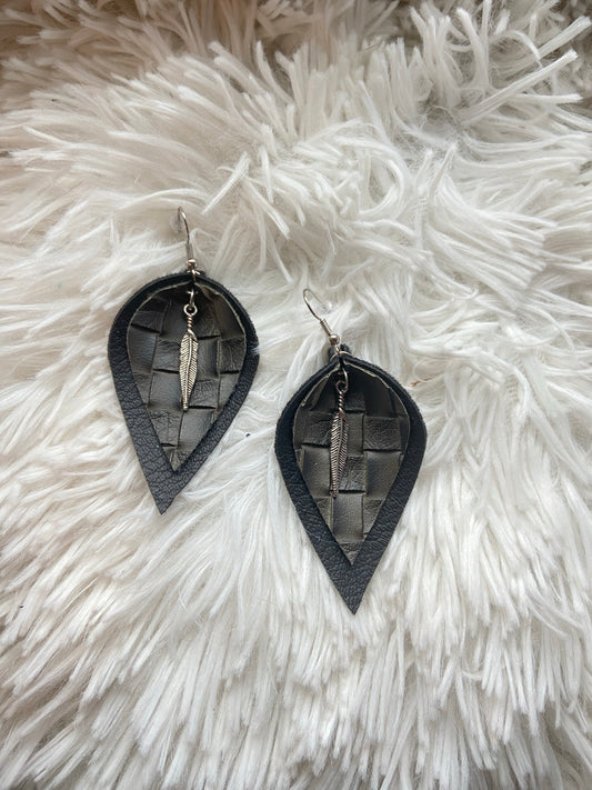 Woven Black Feather Charm Double Layer Earrings