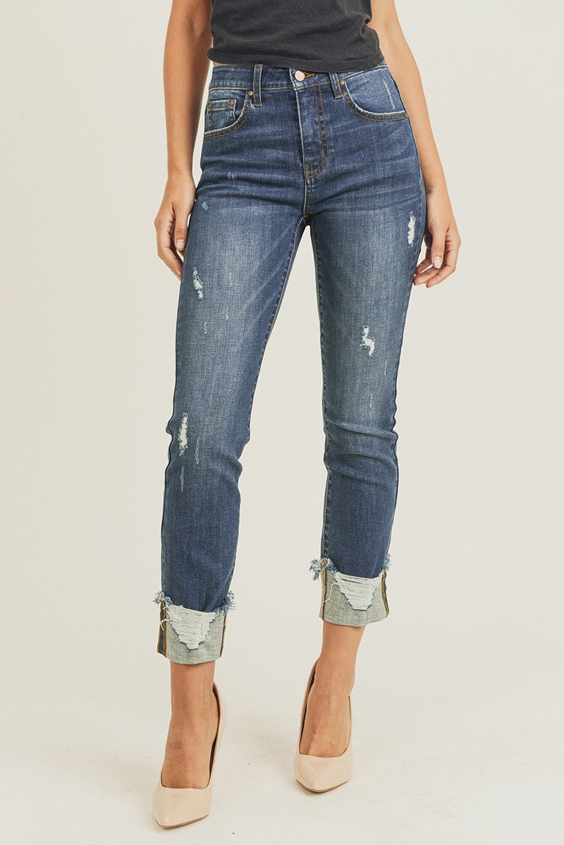 Risen Frayed Cuff Ankle Straight Jeans Denim