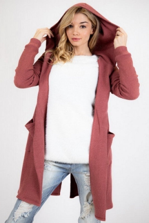 Knit Waffle Lace Back Blush Hooded Cardigan