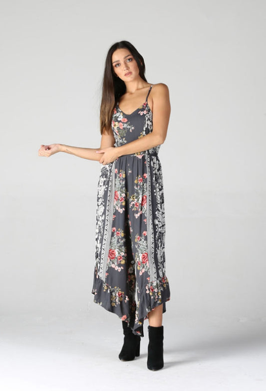 Charcoal Floral Ruffle Leg Jumpsuit