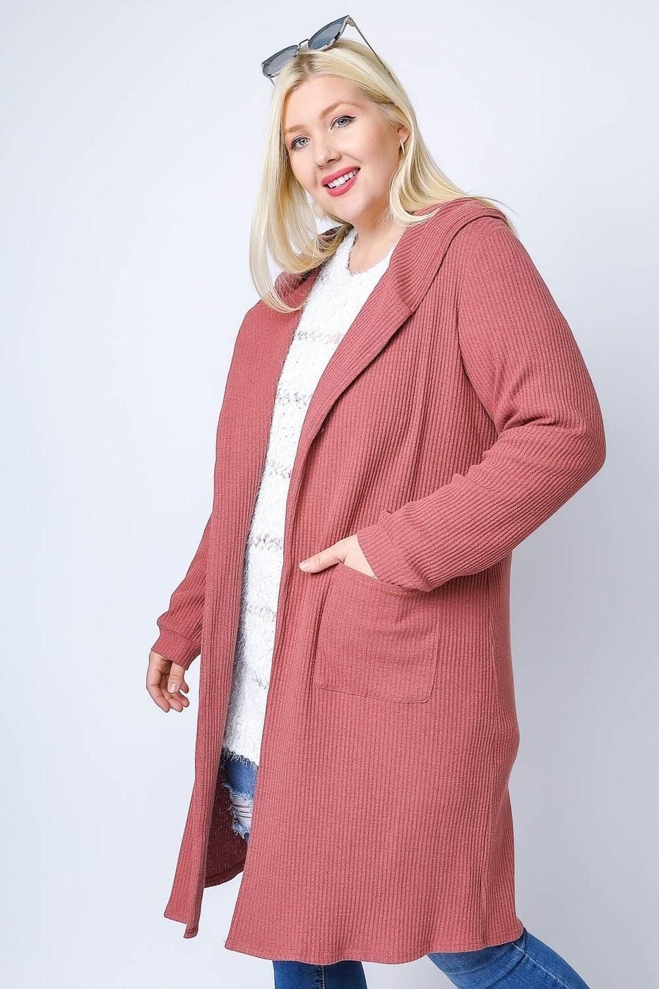 Knit Waffle Lace Back Blush Hooded Cardigan