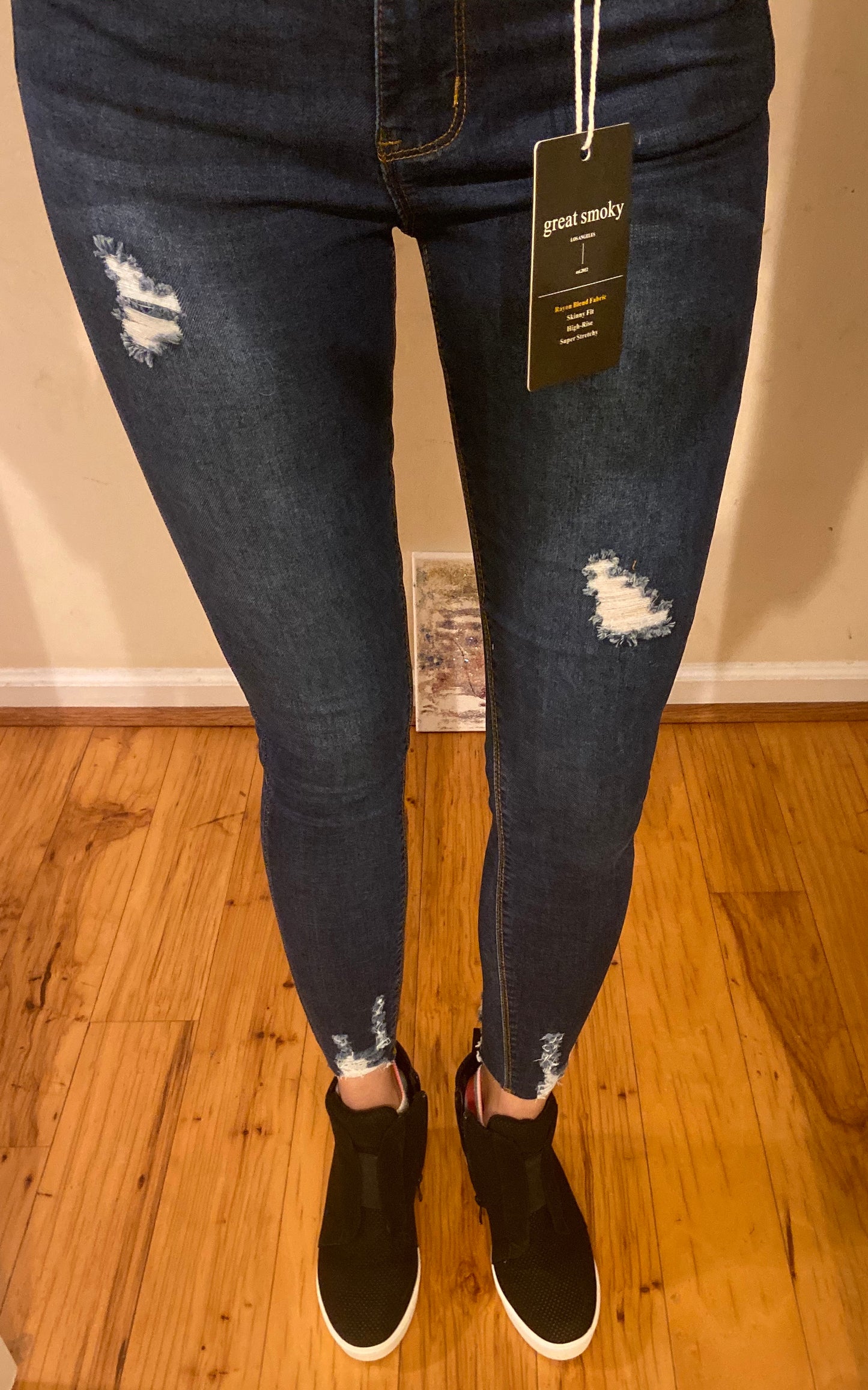 Great Smoky Dark Indigo Shark Bite Hem Distressed Denim Jeans Pant