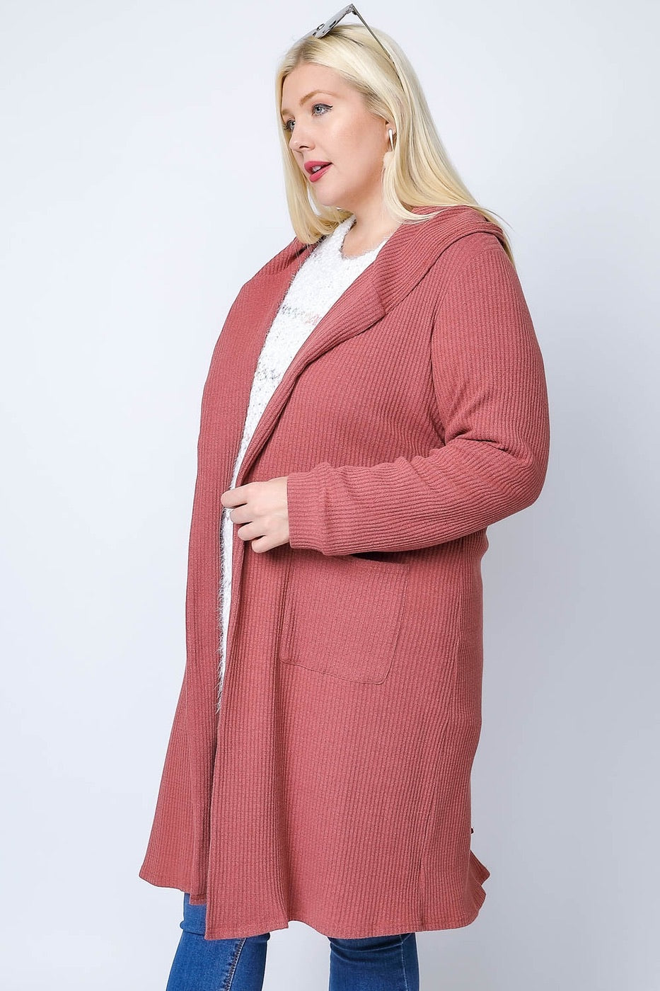 Knit Waffle Lace Back Blush Hooded Cardigan