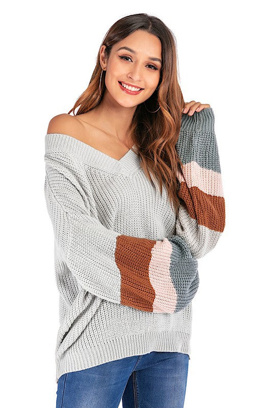Color Block Knit Sweater Grey
