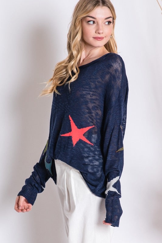 MULTI COLOR STAR PRINT SWEATER NAVY
