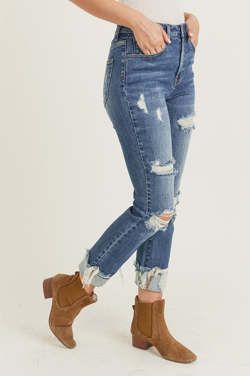 Risen Distressed Turn Back Cuff Straight Leg Jeans