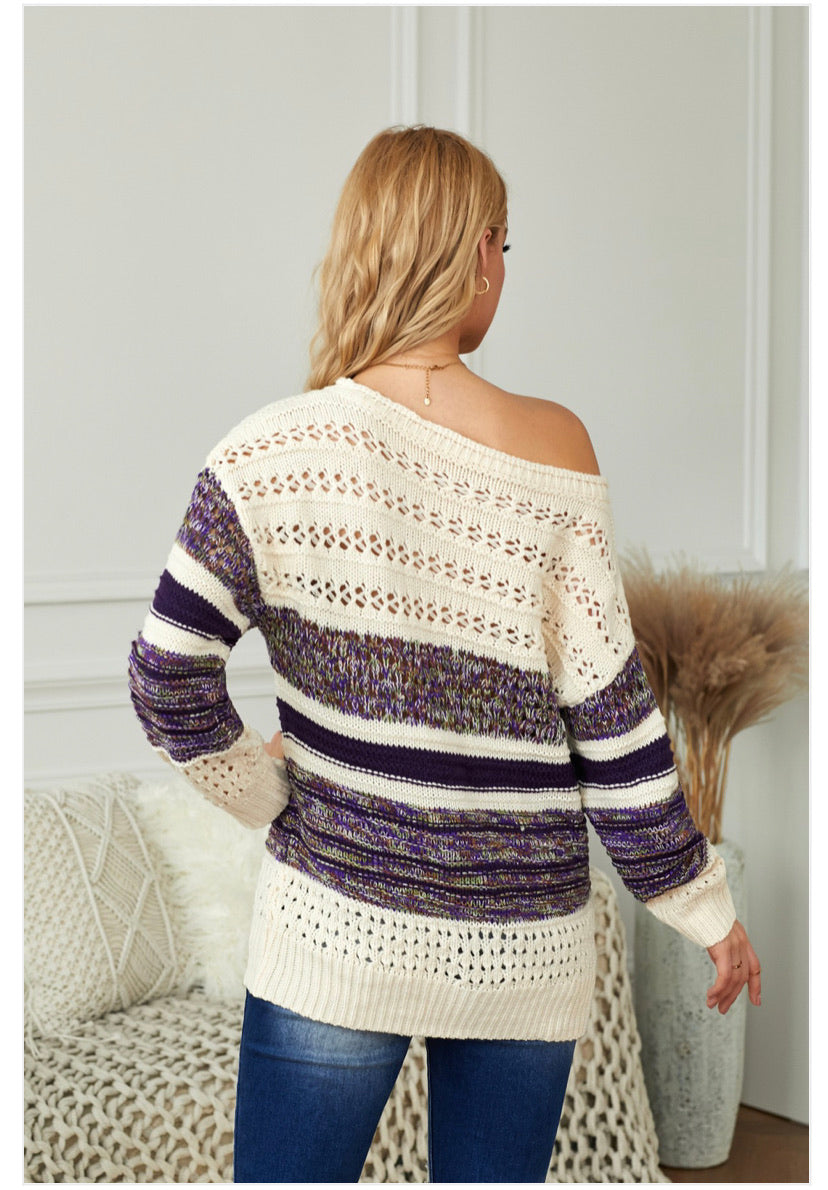 Purple Loose Openwork Round Neck Sweater