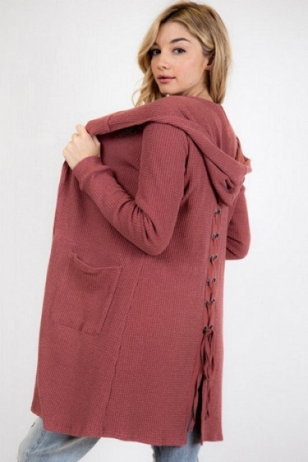 Knit Waffle Lace Back Blush Hooded Cardigan