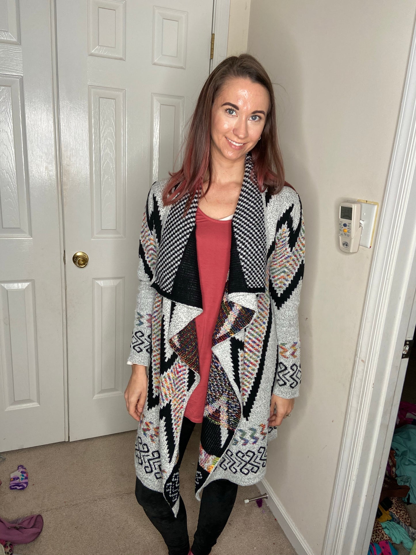 Grey Aztec Patterned Open Blanket Cardigan Sweater