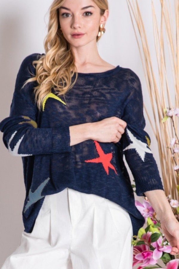 MULTI COLOR STAR PRINT SWEATER NAVY