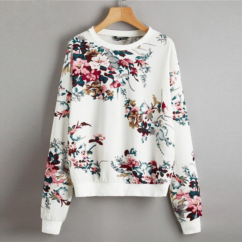 Navy White or Black Drop Shoulder Floral Print Pullover Sweatshirt