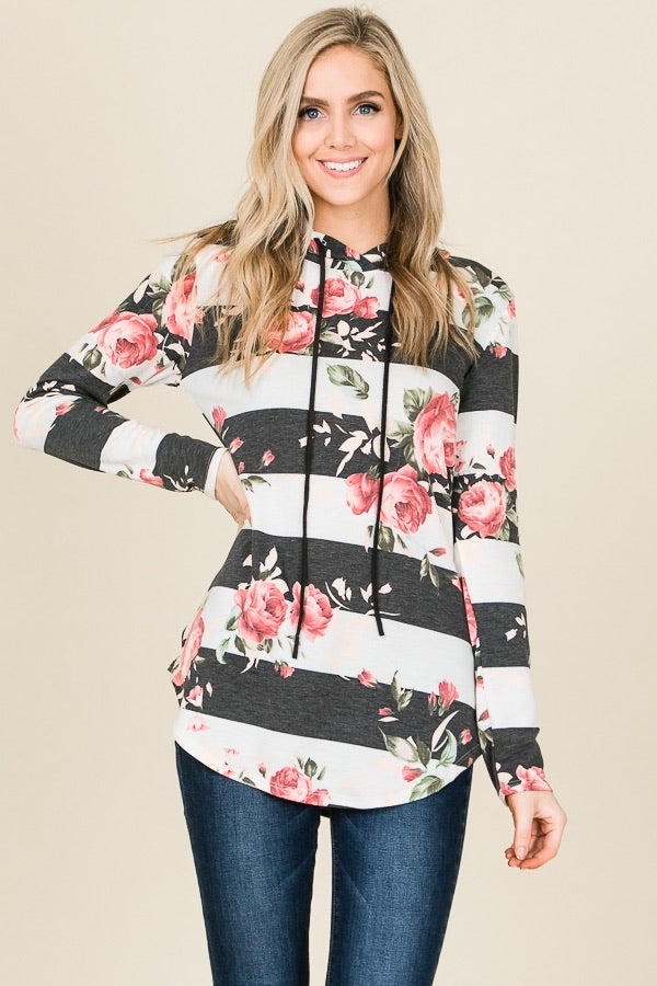 Floral Stripe French Terry Hoodie Top