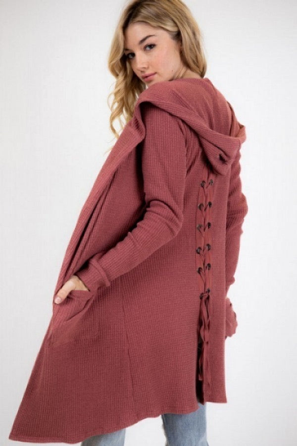 Knit Waffle Lace Back Blush Hooded Cardigan
