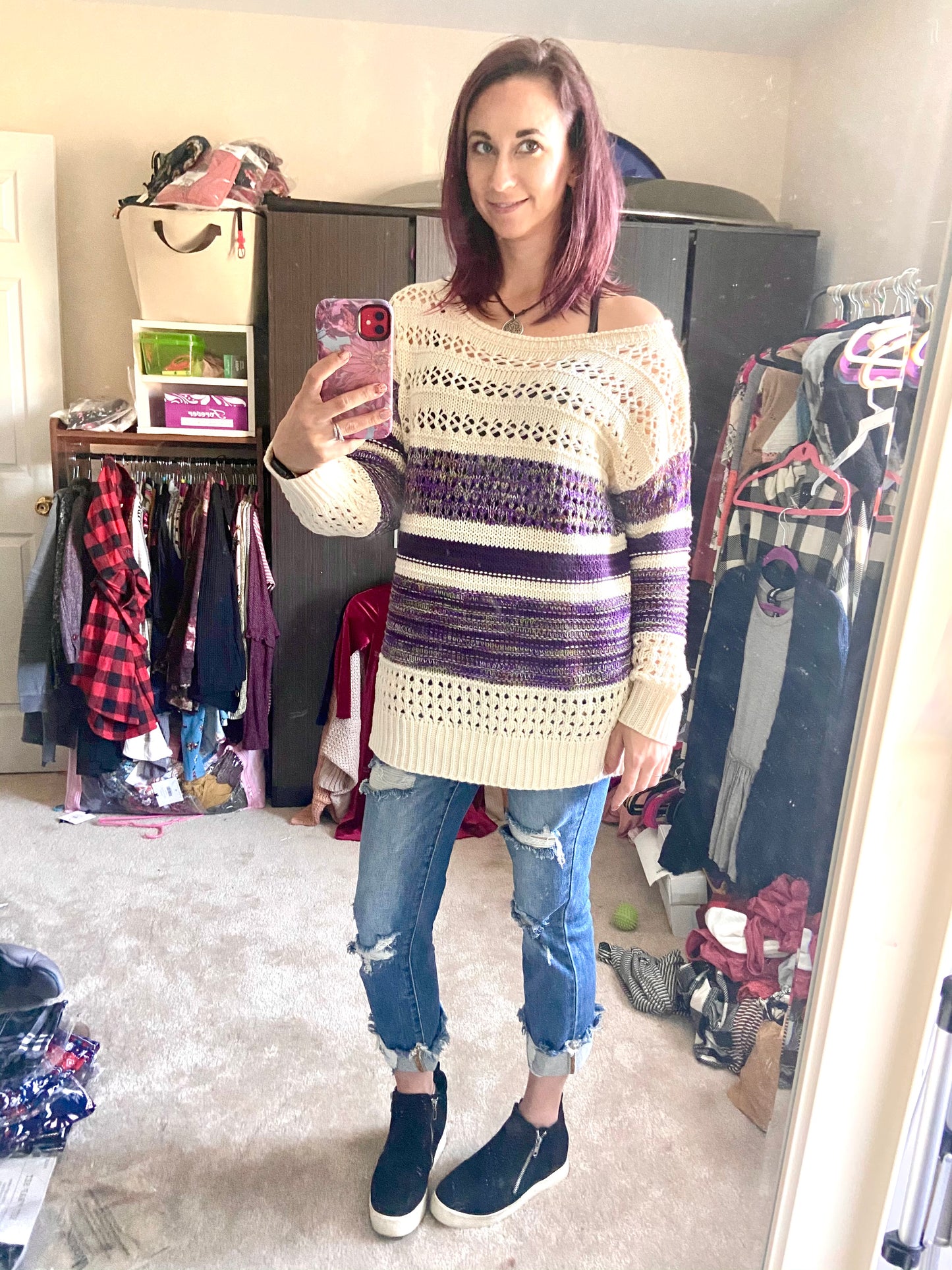 Purple Loose Openwork Round Neck Sweater