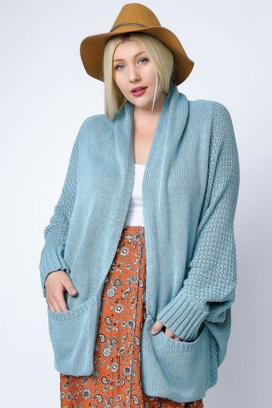 PATTERN KNIT DOLMAN SLEEVE CARDIGAN TEAL