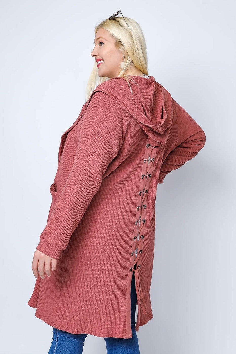 Knit Waffle Lace Back Blush Hooded Cardigan