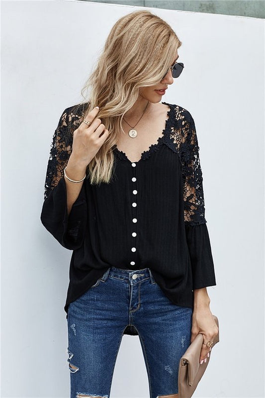 Crochet Lace Botton Top Black