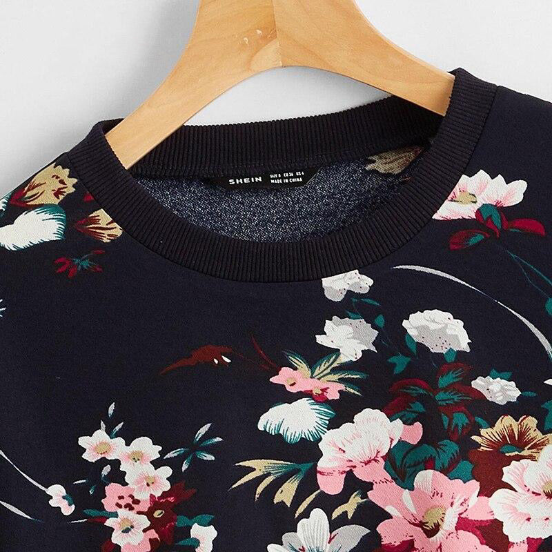 Navy White or Black Drop Shoulder Floral Print Pullover Sweatshirt
