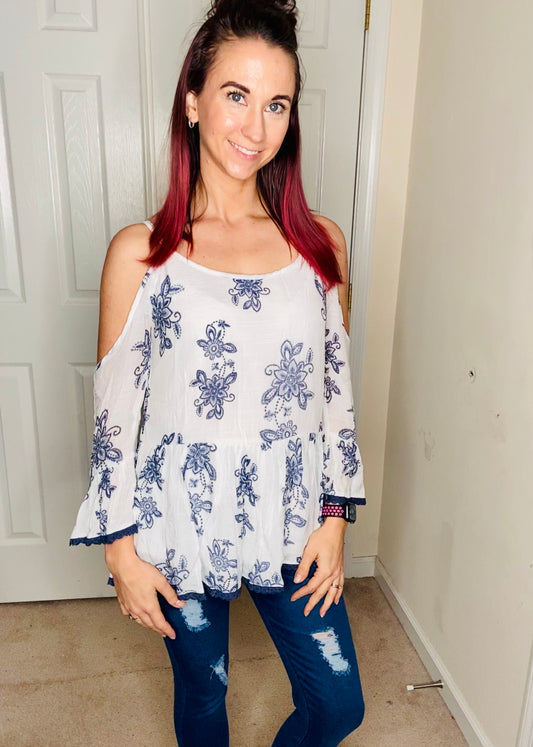 Cold Shoulder Ruffle Top Lace Edge