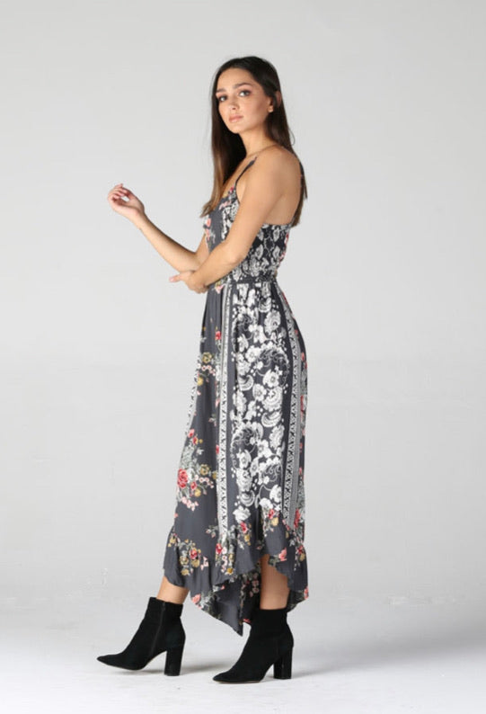 Charcoal Floral Ruffle Leg Jumpsuit