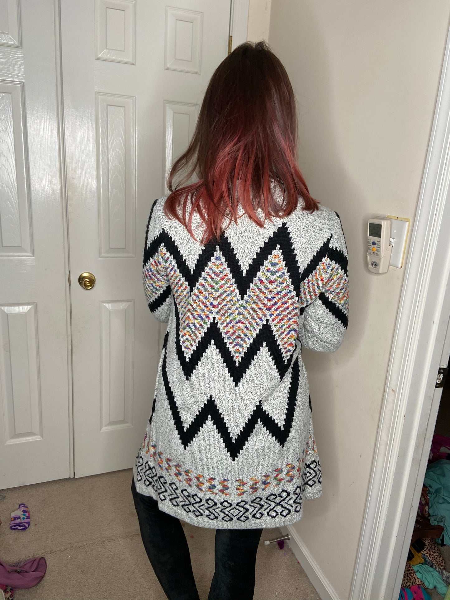 Grey Aztec Patterned Open Blanket Cardigan Sweater