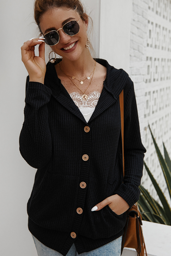 Hooded Waffle Cardi Black