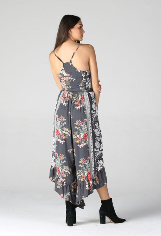 Charcoal Floral Ruffle Leg Jumpsuit
