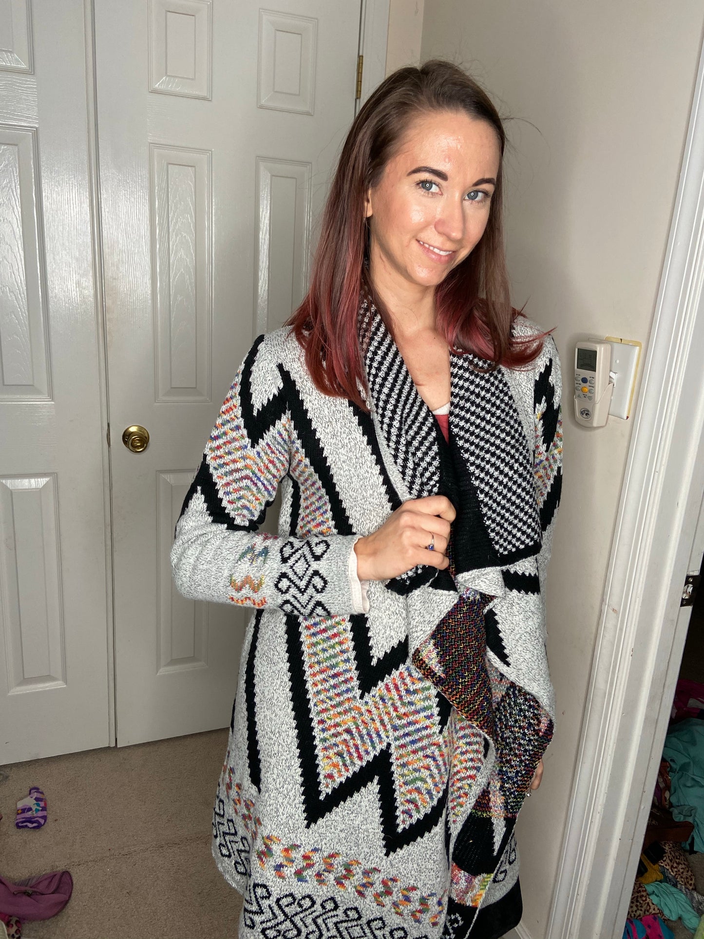 Grey Aztec Patterned Open Blanket Cardigan Sweater