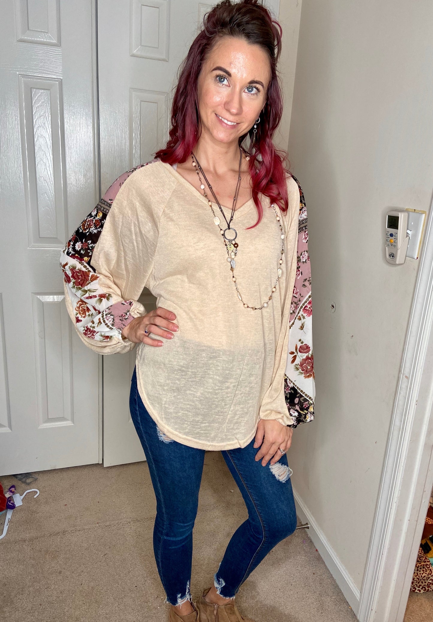 Floral Balloon Puff Sleeve Ivory Boho V-neck Long Sleeve Top