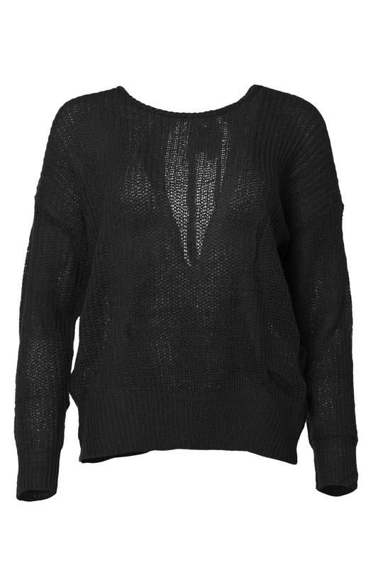 Cross Back Loose Knit Black Sweater Shoulder Tie