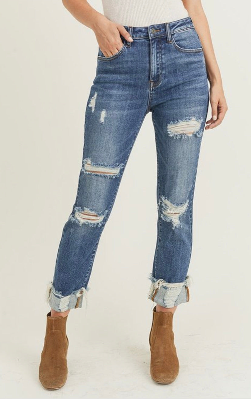 Risen Distressed Turn Back Cuff Straight Leg Jeans