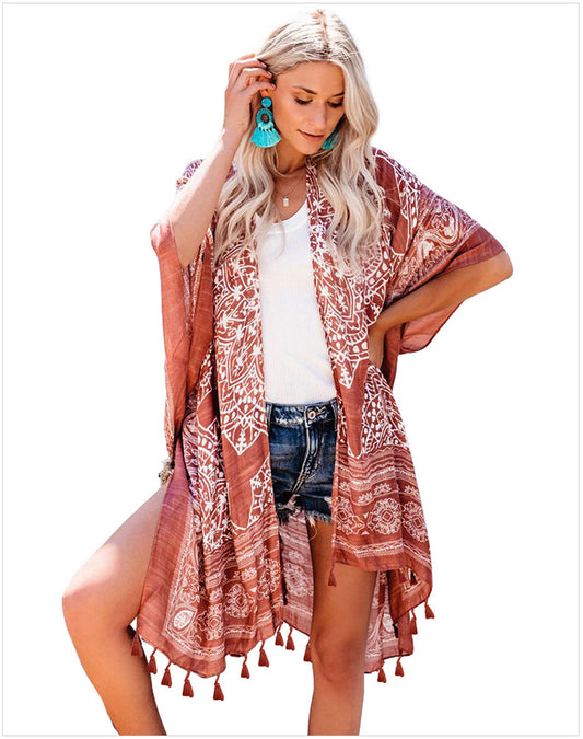 Boho Kimono Rust with Poms