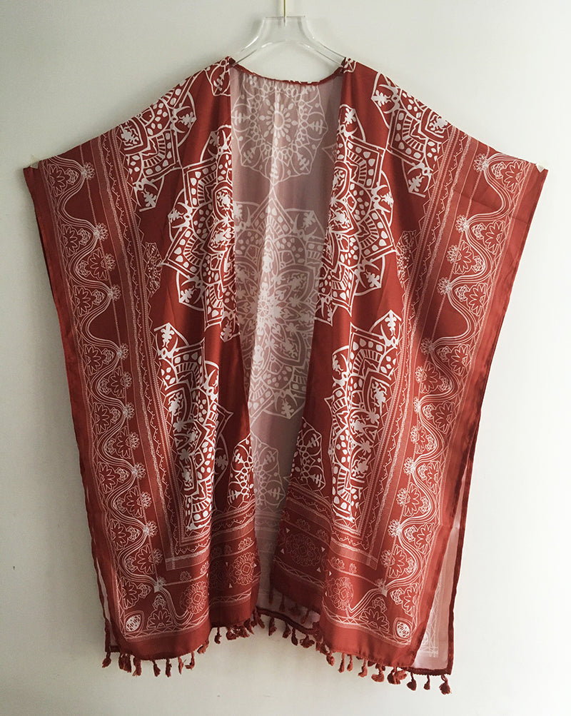 Boho Kimono Rust with Poms